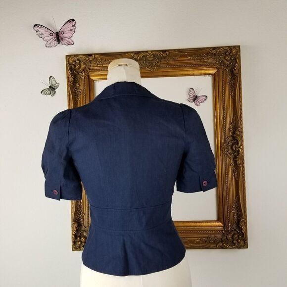 Rebecca Taylor navy blue linen ruffled jacket - Picture 2 of 5